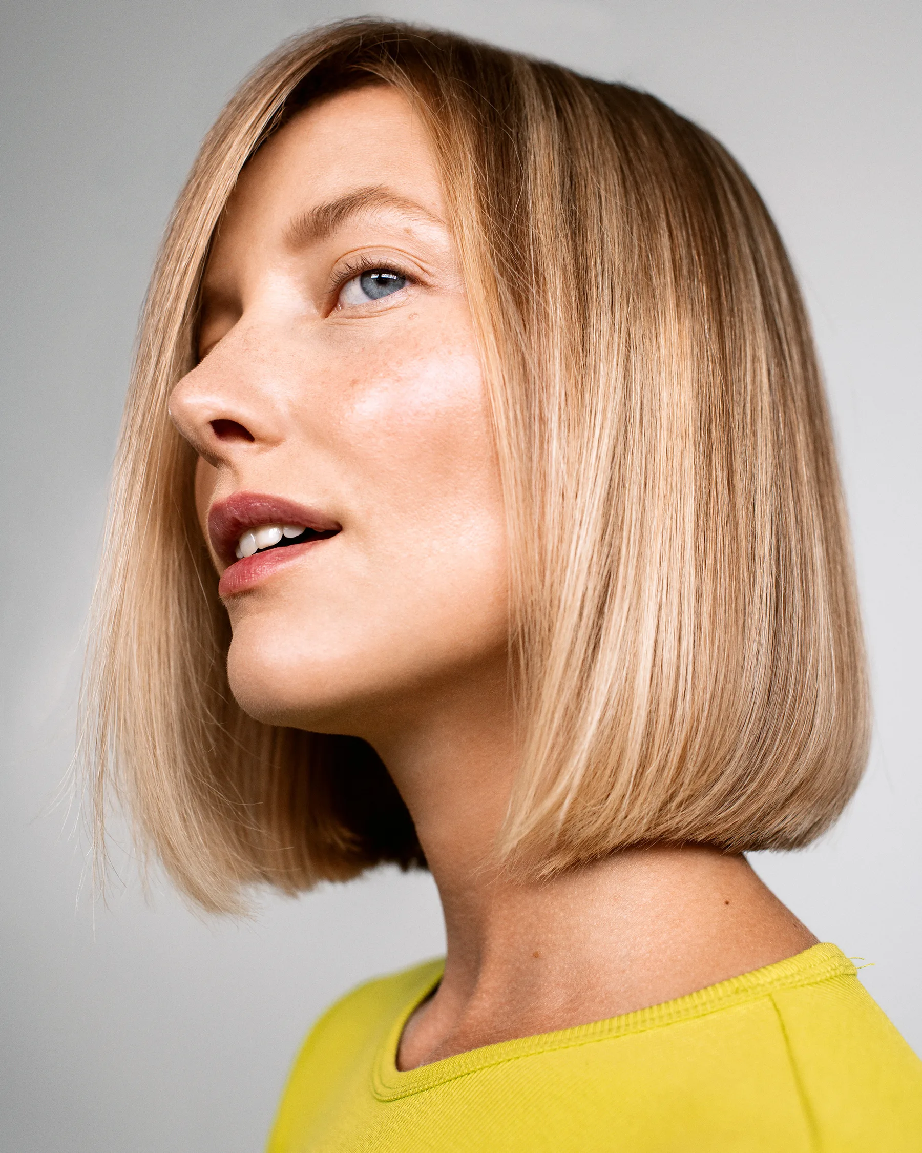 Blonde bob haircut styled at Frankie