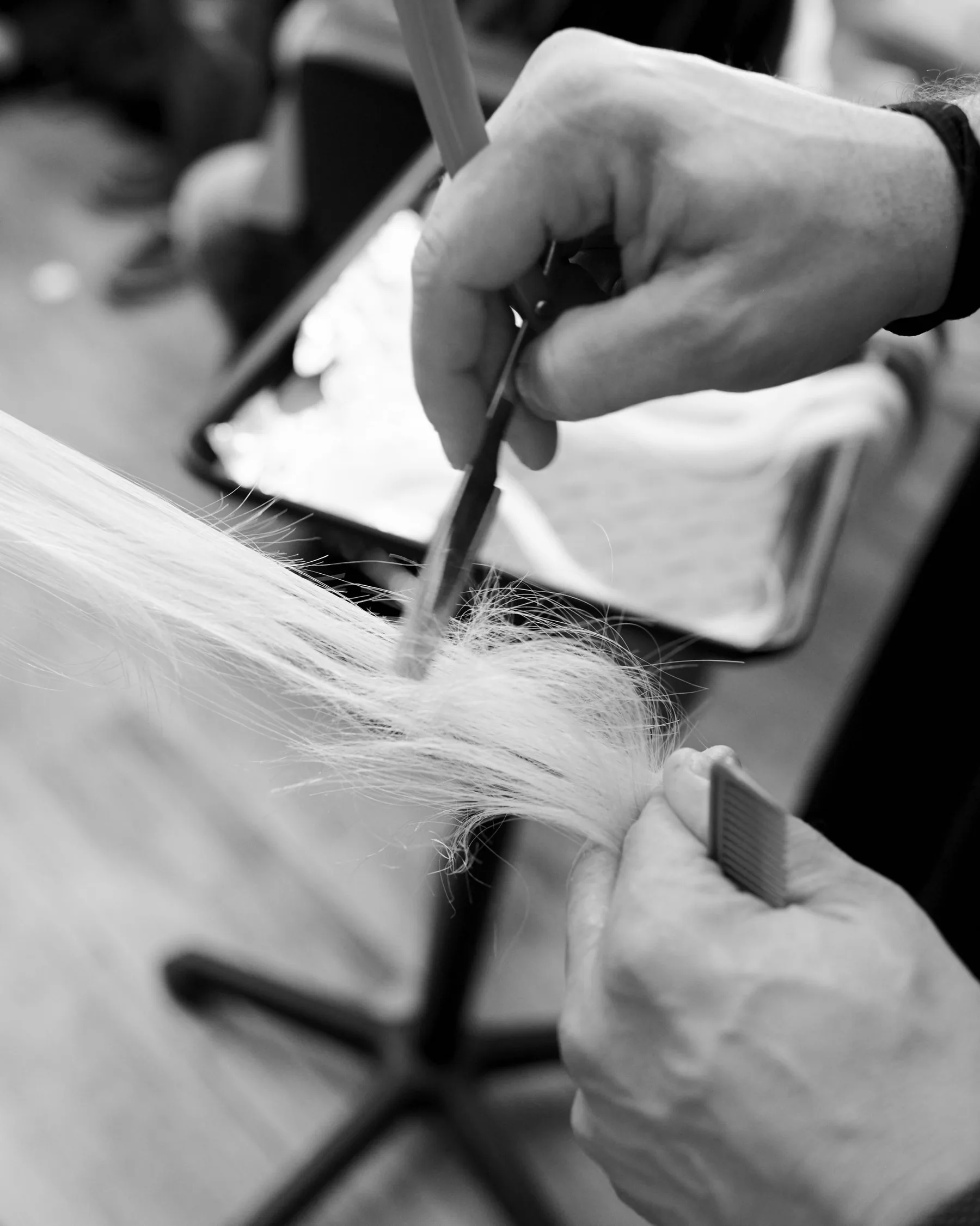 A haircut in progress at Frankie in Collingswood